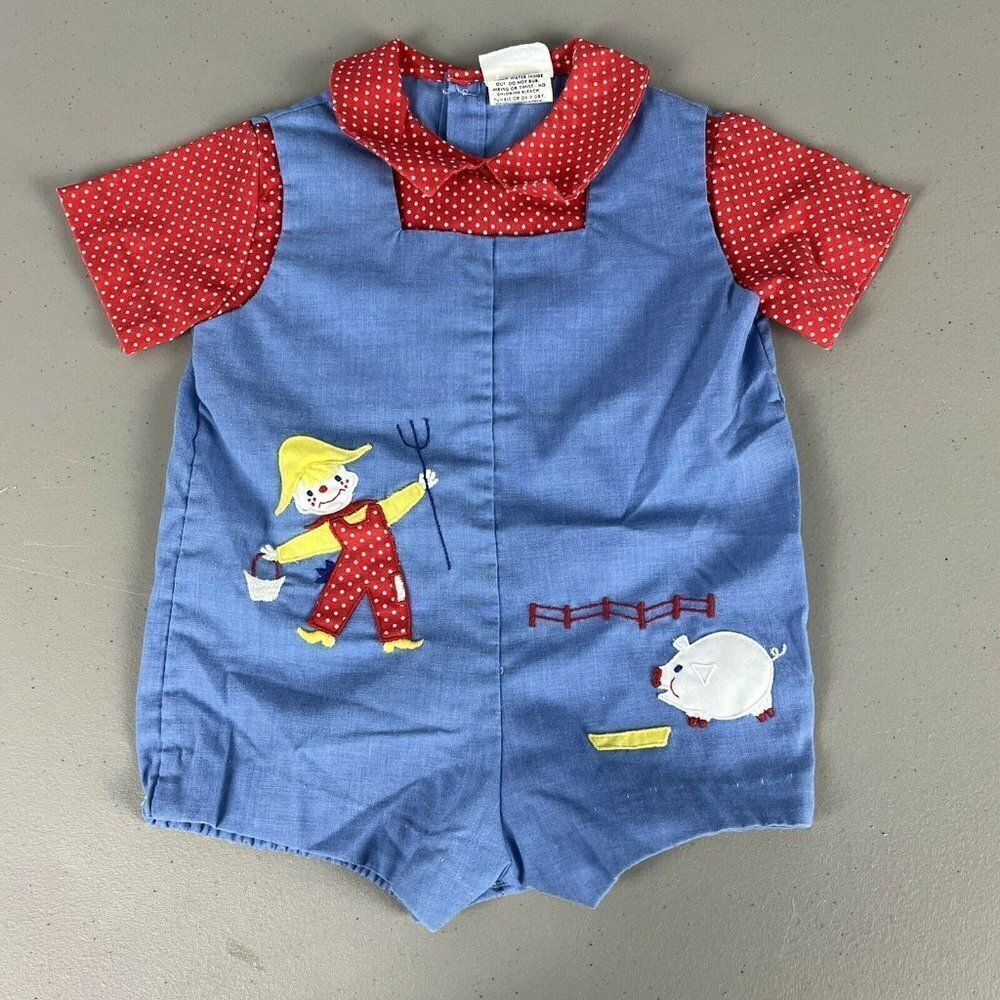 Vtg Nannette Baby One Piece Outfit Farmer Pig Blue Overalls Red White Polka Dot